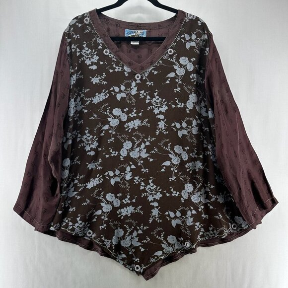 Tienda Ho Tops - Tienda Ho Blouse Women One Size Asymmetrical Hem V-Neck Long Sleeve Floral Brown
